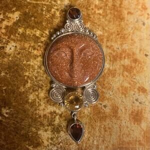 Sajen Pendant/Brooch Sterling Silver, Goldstone, Garnet & Yellow Topaz Goddess